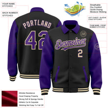 Загрузить изображение в средство просмотра галереи, Custom Black Purple-Cream Bomber Full-Snap Varsity Letterman Two Tone Lapel Collar Byron Jacket