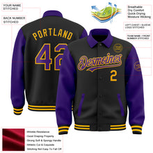 Загрузить изображение в средство просмотра галереи, Custom Black Purple-Gold Bomber Full-Snap Varsity Letterman Two Tone Lapel Collar Byron Jacket