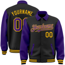 Загрузить изображение в средство просмотра галереи, Custom Black Purple-Gold Bomber Full-Snap Varsity Letterman Two Tone Lapel Collar Byron Jacket