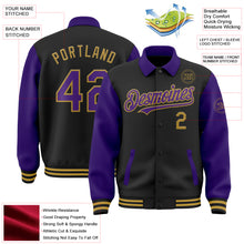 Загрузить изображение в средство просмотра галереи, Custom Black Purple-Old Gold Bomber Full-Snap Varsity Letterman Two Tone Lapel Collar Byron Jacket