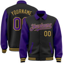 Загрузить изображение в средство просмотра галереи, Custom Black Purple-Old Gold Bomber Full-Snap Varsity Letterman Two Tone Lapel Collar Byron Jacket