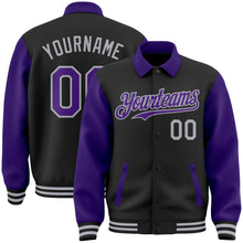 Загрузить изображение в средство просмотра галереи, Custom Black Purple-Gray Bomber Full-Snap Varsity Letterman Two Tone Lapel Collar Byron Jacket
