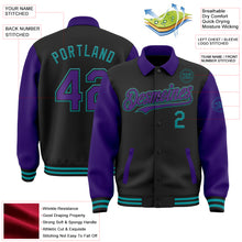 Загрузить изображение в средство просмотра галереи, Custom Black Purple-Teal Bomber Full-Snap Varsity Letterman Two Tone Lapel Collar Byron Jacket