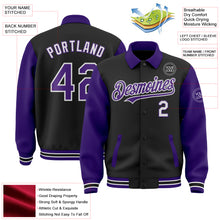 Загрузить изображение в средство просмотра галереи, Custom Black Purple-White Bomber Full-Snap Varsity Letterman Two Tone Lapel Collar Byron Jacket