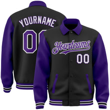 Загрузить изображение в средство просмотра галереи, Custom Black Purple-White Bomber Full-Snap Varsity Letterman Two Tone Lapel Collar Byron Jacket