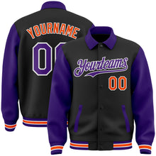 Загрузить изображение в средство просмотра галереи, Custom Black Purple-Orange Bomber Full-Snap Varsity Letterman Two Tone Lapel Collar Byron Jacket