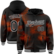 Laden Sie das Bild in den Galerie-Viewer, Custom Black Orange-White Abstract Network 3D Pattern Design Bomber Full-Snap Varsity Letterman Hoodie Jacket