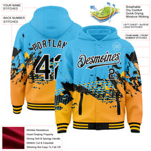 Laden Sie das Bild in den Galerie-Viewer, Custom Sky Blue Black-Gold Abstract Splash Grunge Art 3D Pattern Design Bomber Full-Snap Varsity Letterman Hoodie Jacket