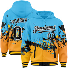 Laden Sie das Bild in den Galerie-Viewer, Custom Sky Blue Black-Gold Abstract Splash Grunge Art 3D Pattern Design Bomber Full-Snap Varsity Letterman Hoodie Jacket