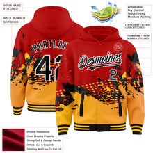 Laden Sie das Bild in den Galerie-Viewer, Custom Red Black-Gold Abstract Splash Grunge Art 3D Pattern Design Bomber Full-Snap Varsity Letterman Hoodie Jacket
