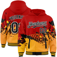 Laden Sie das Bild in den Galerie-Viewer, Custom Red Black-Gold Abstract Splash Grunge Art 3D Pattern Design Bomber Full-Snap Varsity Letterman Hoodie Jacket