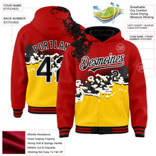 Laden Sie das Bild in den Galerie-Viewer, Custom Red Black-Gold Abstract Splash Grunge Art 3D Pattern Design Bomber Full-Snap Varsity Letterman Hoodie Jacket