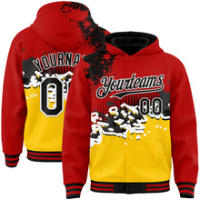 Laden Sie das Bild in den Galerie-Viewer, Custom Red Black-Gold Abstract Splash Grunge Art 3D Pattern Design Bomber Full-Snap Varsity Letterman Hoodie Jacket