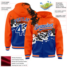 Laden Sie das Bild in den Galerie-Viewer, Custom Orange Royal-Black Abstract Splash Grunge Art 3D Pattern Design Bomber Full-Snap Varsity Letterman Hoodie Jacket
