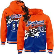 Laden Sie das Bild in den Galerie-Viewer, Custom Orange Royal-Black Abstract Splash Grunge Art 3D Pattern Design Bomber Full-Snap Varsity Letterman Hoodie Jacket