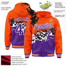 Laden Sie das Bild in den Galerie-Viewer, Custom Orange Purple-Black Abstract Splash Grunge Art 3D Pattern Design Bomber Full-Snap Varsity Letterman Hoodie Jacket
