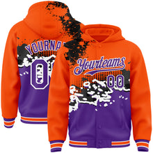 Laden Sie das Bild in den Galerie-Viewer, Custom Orange Purple-Black Abstract Splash Grunge Art 3D Pattern Design Bomber Full-Snap Varsity Letterman Hoodie Jacket