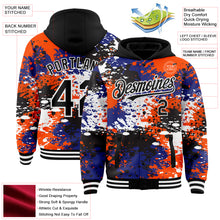 Charger l'image dans la galerie, Custom Black Orange-Royal Abstract Splash Grunge Art 3D Pattern Design Bomber Full-Snap Varsity Letterman Hoodie Jacket