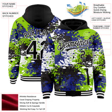 Laden Sie das Bild in den Galerie-Viewer, Custom Black Neon Green-Royal Abstract Splash Grunge Art 3D Pattern Design Bomber Full-Snap Varsity Letterman Hoodie Jacket