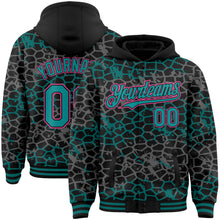 Laden Sie das Bild in den Galerie-Viewer, Custom Black Teal-Pink Abstract Network 3D Pattern Design Bomber Full-Snap Varsity Letterman Hoodie Jacket