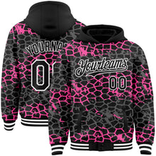 Laden Sie das Bild in den Galerie-Viewer, Custom Black Pink-White Abstract Network 3D Pattern Design Bomber Full-Snap Varsity Letterman Hoodie Jacket