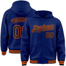 Загрузить изображение в средство просмотра галереи, Custom Royal Black-Orange Bomber Full-Snap Varsity Letterman Hoodie Jacket