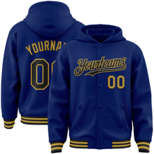 Загрузить изображение в средство просмотра галереи, Custom Royal Black-Old Gold Bomber Full-Snap Varsity Letterman Hoodie Jacket