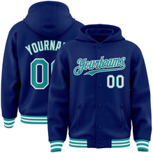 Charger l'image dans la galerie, Custom Royal Teal-White Bomber Full-Snap Varsity Letterman Hoodie Jacket