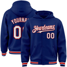 Load image into Gallery viewer, Custom Royal White-Red Bomber Full-Snap Varsity Letterman Hoodie Jacket
