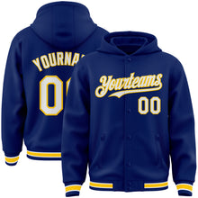 Load image into Gallery viewer, Custom Royal White-Yellow Bomber Full-Snap Varsity Letterman Hoodie Jacket
