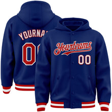 Load image into Gallery viewer, Custom Royal Red-White Bomber Full-Snap Varsity Letterman Hoodie Jacket