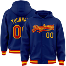 Load image into Gallery viewer, Custom Royal Red-Gold Bomber Full-Snap Varsity Letterman Hoodie Jacket