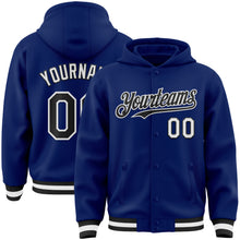 Load image into Gallery viewer, Custom Royal Black-White Bomber Full-Snap Varsity Letterman Hoodie Jacket
