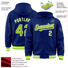 Load image into Gallery viewer, Custom Royal Neon Green-White Bomber Full-Snap Varsity Letterman Hoodie Jacket