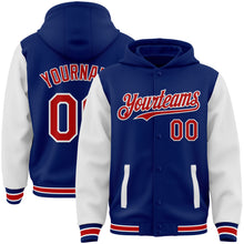 Load image into Gallery viewer, Custom Royal Red-White Bomber Full-Snap Varsity Letterman Two Tone Hoodie Jacket