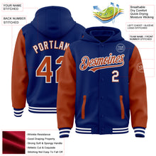 Laden Sie das Bild in den Galerie-Viewer, Custom Royal Texas Orange-White Bomber Full-Snap Varsity Letterman Two Tone Hoodie Jacket