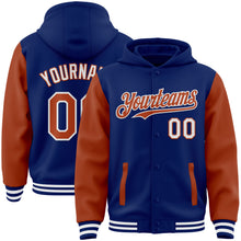 Laden Sie das Bild in den Galerie-Viewer, Custom Royal Texas Orange-White Bomber Full-Snap Varsity Letterman Two Tone Hoodie Jacket