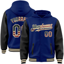 Load image into Gallery viewer, Custom Royal Vintage USA Flag Black-Cream Bomber Full-Snap Varsity Letterman Two Tone Hoodie Jacket