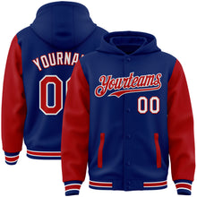 Load image into Gallery viewer, Custom Royal Red-White Bomber Full-Snap Varsity Letterman Two Tone Hoodie Jacket