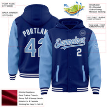 Charger l'image dans la galerie, Custom Royal Light Blue-White Bomber Full-Snap Varsity Letterman Two Tone Hoodie Jacket