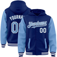 Charger l'image dans la galerie, Custom Royal Light Blue-White Bomber Full-Snap Varsity Letterman Two Tone Hoodie Jacket
