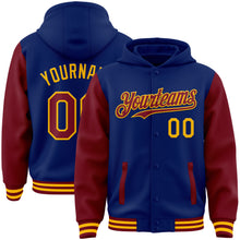 Загрузить изображение в средство просмотра галереи, Custom Royal Crimson-Gold Bomber Full-Snap Varsity Letterman Two Tone Hoodie Jacket