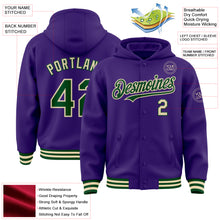 Load image into Gallery viewer, Custom Purple Green-Cream Bomber Full-Snap Varsity Letterman Hoodie Jacket