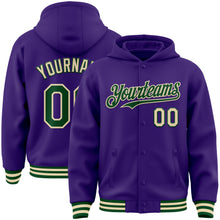 Load image into Gallery viewer, Custom Purple Green-Cream Bomber Full-Snap Varsity Letterman Hoodie Jacket