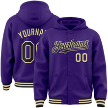 Load image into Gallery viewer, Custom Purple Black-Cream Bomber Full-Snap Varsity Letterman Hoodie Jacket