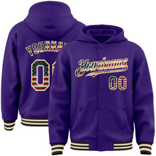 Laden Sie das Bild in den Galerie-Viewer, Custom Purple Vintage USA Flag Cream-Black Bomber Full-Snap Varsity Letterman Hoodie Jacket