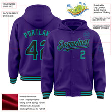 Charger l'image dans la galerie, Custom Purple Black-Teal Bomber Full-Snap Varsity Letterman Hoodie Jacket