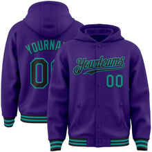 Charger l'image dans la galerie, Custom Purple Black-Teal Bomber Full-Snap Varsity Letterman Hoodie Jacket
