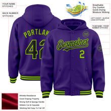 Charger l'image dans la galerie, Custom Purple Black-Neon Green Bomber Full-Snap Varsity Letterman Hoodie Jacket