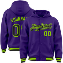 Charger l'image dans la galerie, Custom Purple Black-Neon Green Bomber Full-Snap Varsity Letterman Hoodie Jacket